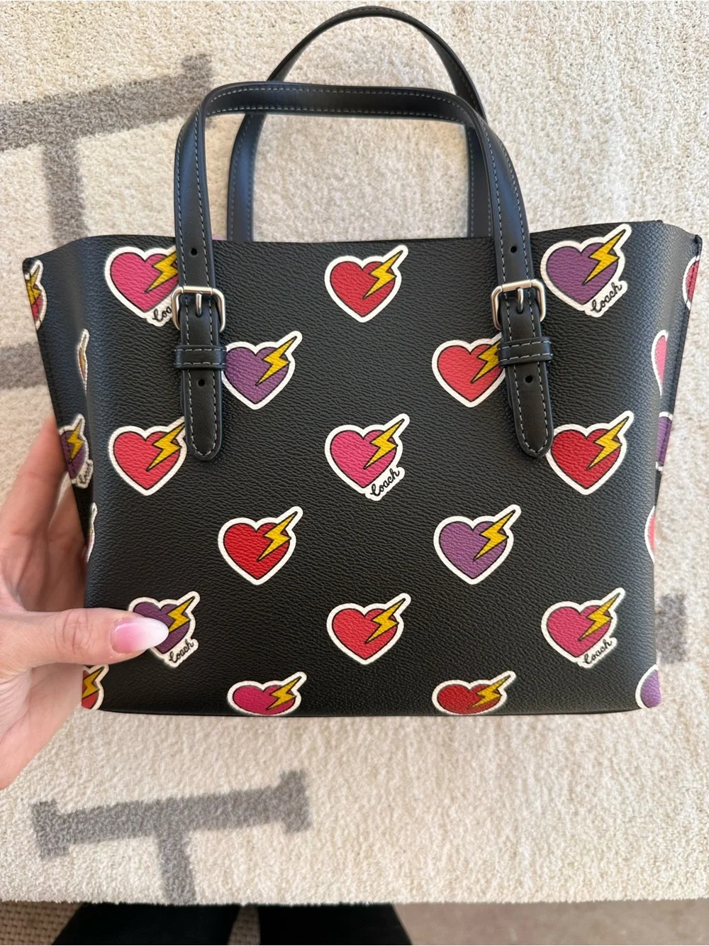 Coach Black Leather Tote with Colorful Heart & Lightning Motif